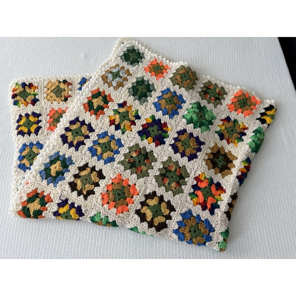 Vintage Granny Square Afghan Rainbow on white 50" X 46" Retro blanket Boho throw